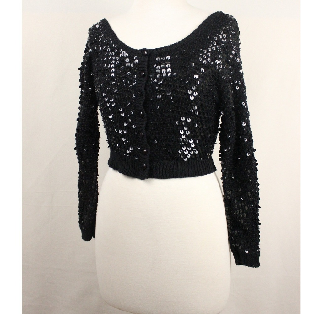 Vintage Betsey Johnson New York Sequin Cropped Cardigan Black Womens S
